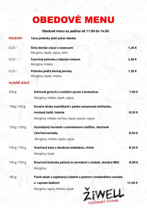 Obedové menu Pivovar ŽiWell 1.7. - 4.7.