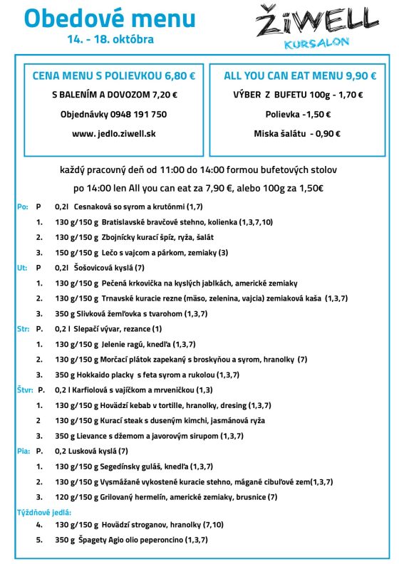 Obedové menu Kursalon ŽiWell 14.10. - 18.10.2024