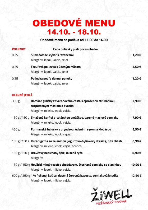 Obedové menu Pivovar ŽiWell Lodenica 14.10.-18.10.2024