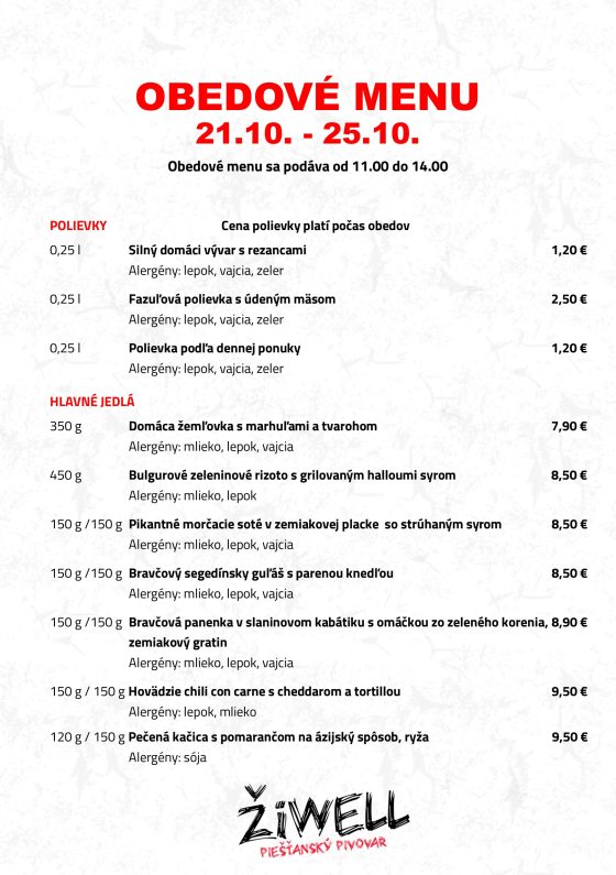 Obedové menu Piešťanský pivovar ŽiWell 21. - 25. 10.