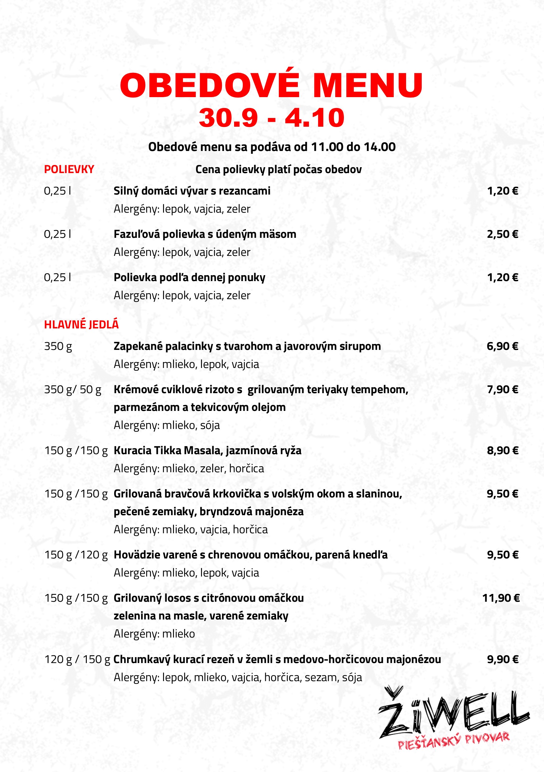 Obedové menu Pivovar ŽiWell 30. septembra až 4. októbra