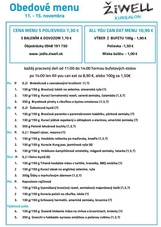 Obedové menu ŽiWell Kursalon 11.11. 15.11.2024