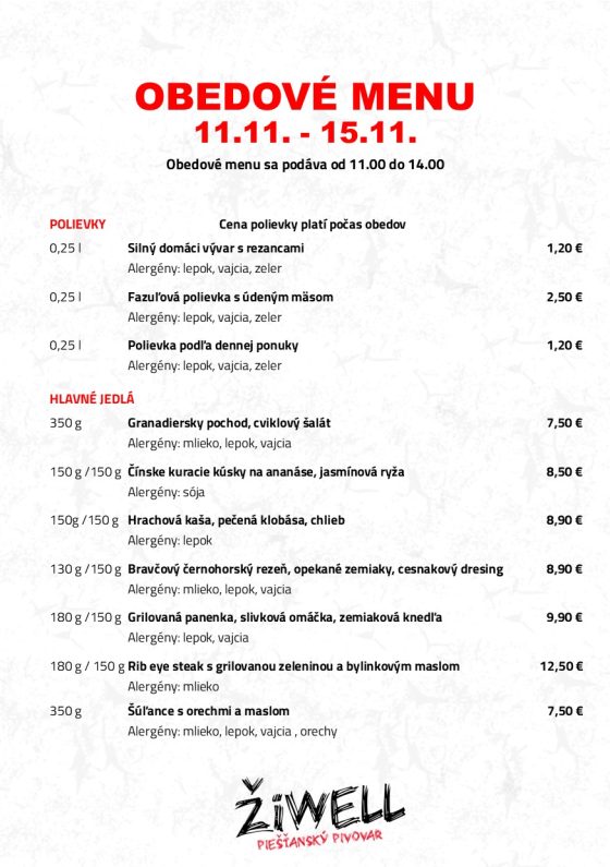 Obedové menu Pivovar ŽiWell 11.11. 15.11.2024